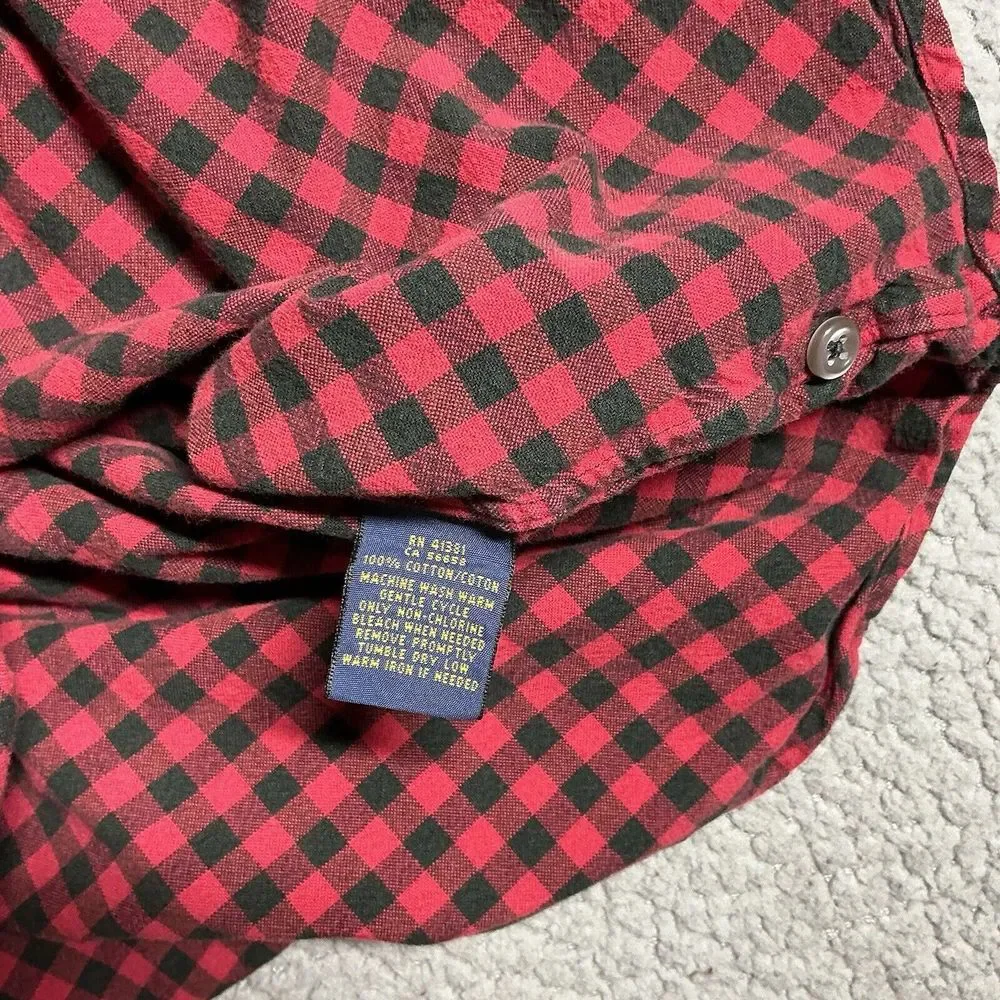 Polo Ralph‎ Lauren Shirt Mens Medium Red Black Gingham Pearl Snap Western Cowboy